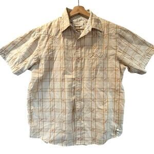 Split Beige Tan Plaid Western Short Sleeve Button Down Shirt Embroider L Large